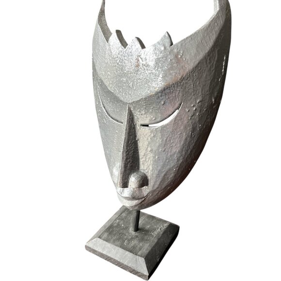WOODEN MASK Decor Theatre Silver on Wooden Base 12 1/2" High - Picture 1 of 7